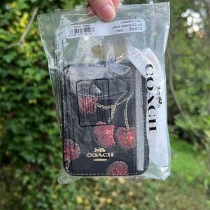 COACH Women's Leather Zip Card Case Wallet Black w Red Cherry Print Gold Hardwar